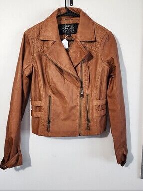 blanc noir Cognac Faux Leather Moto Jacket